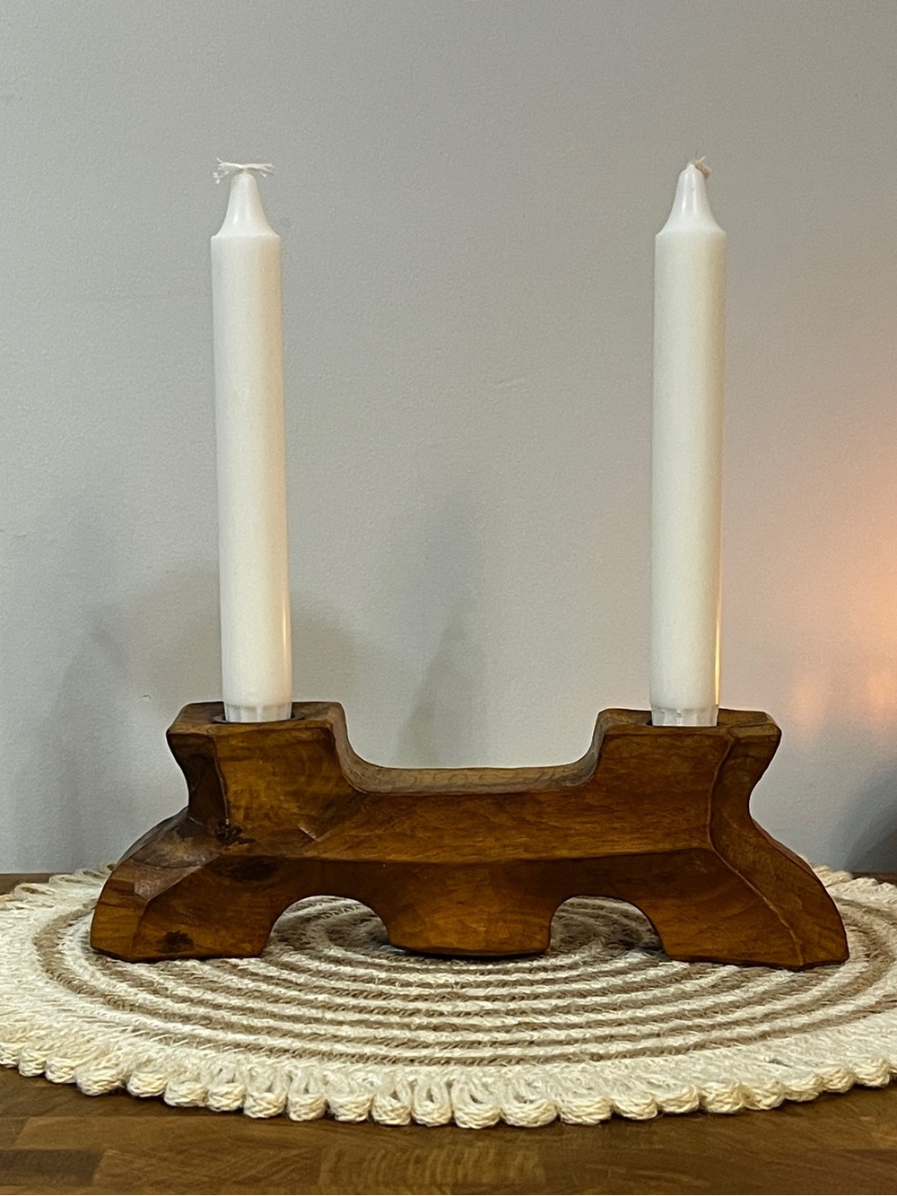 Antique Vintage Handmade Wooden Double / Triple Taper Candle Holder